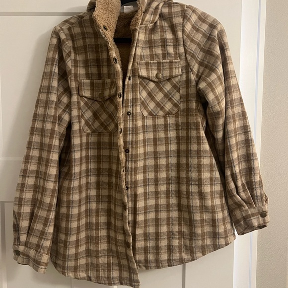 Plaid Button-Up Jacket with Sherpa Lining - Picture 1 of 3